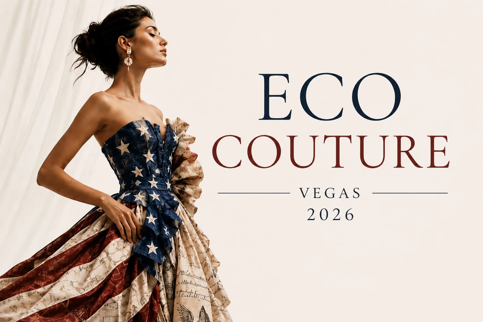 Eco Couture Vegas 2026 artwork: the event's wordmark beside a gown honoring the 250th anniversary of the United States
